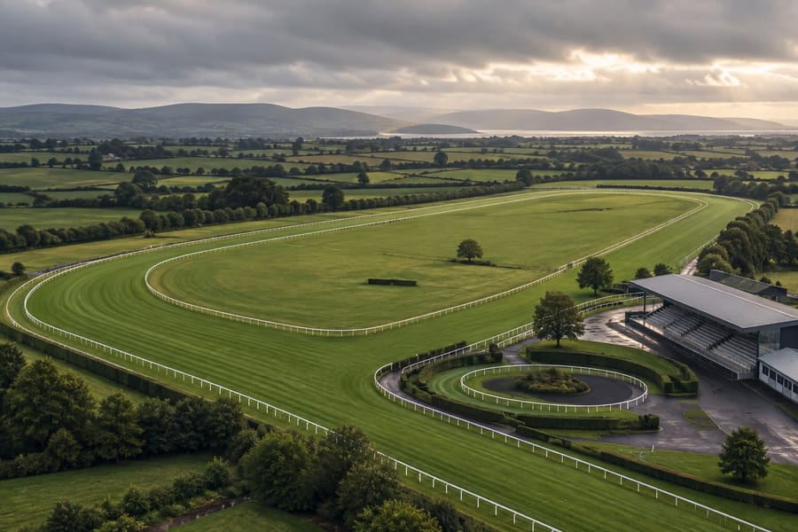 Aerial view of a green racecourse oval with white running rails