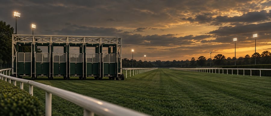 Racehorses at full stretch on a turf course