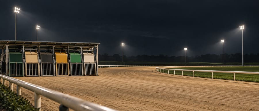 A computer-generated virtual horse race on a floodlit track